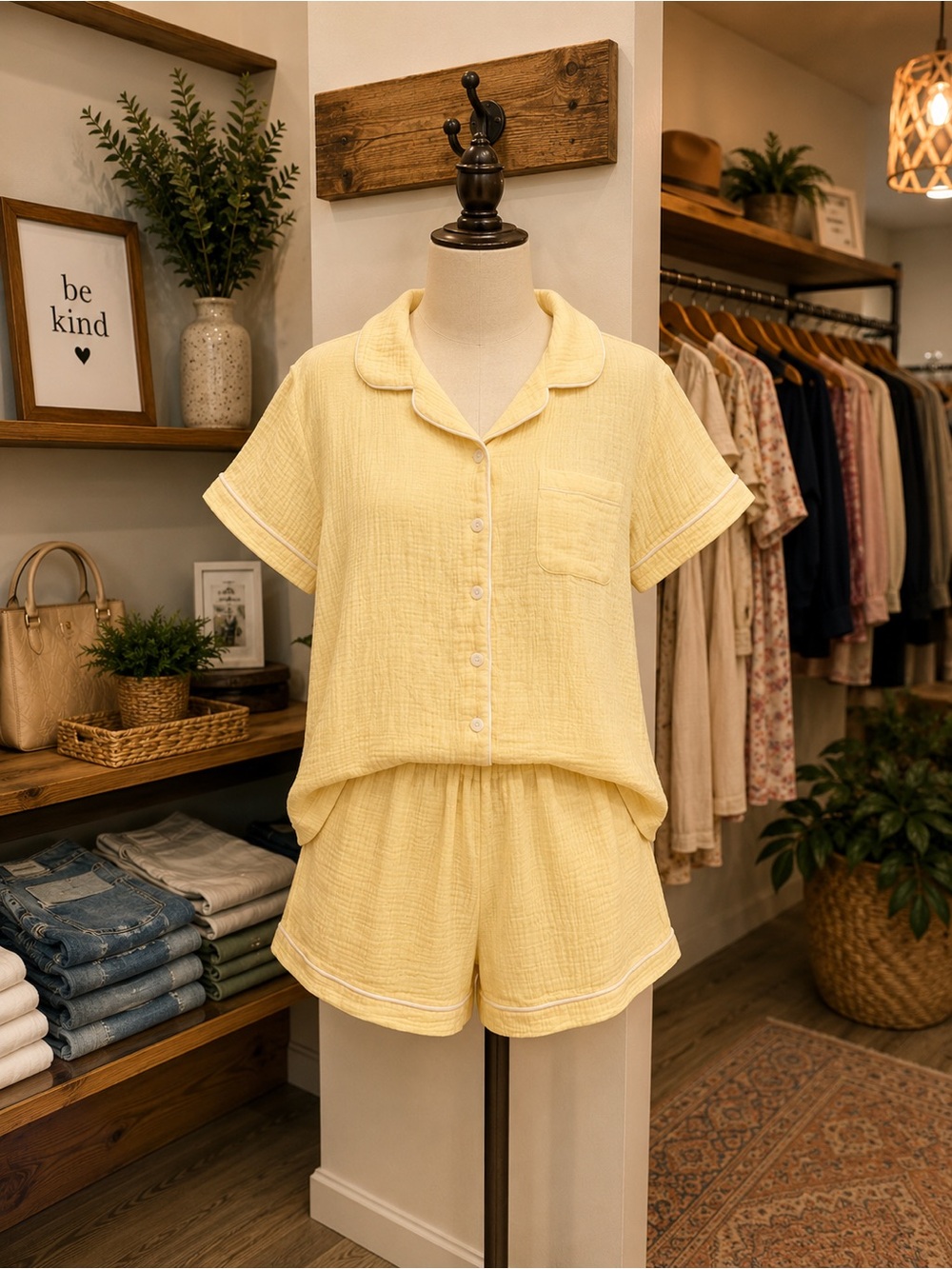 White Birch Size XL Yellow Cotton Gauze Pajama Set Button-Up Shorts NWOT